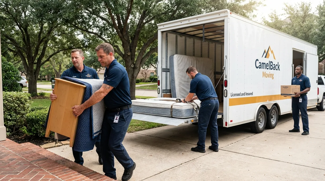 Crew loading residential truck for cross-state move from Brentwood, CA