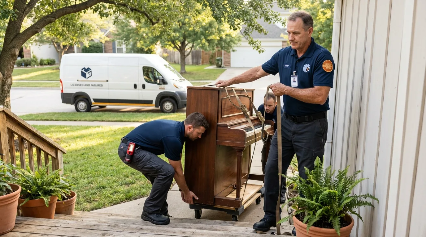 Licensed piano movers securing grand piano in Brentwood, CA