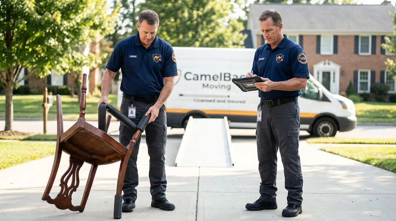 Movers inspecting furniture for damage prevention before loading in Brentwood, CA