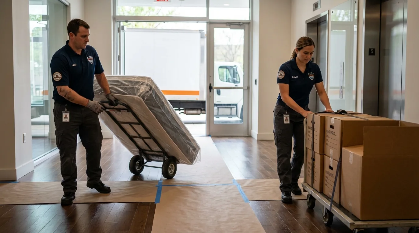 Professional apartment movers loading elevator in Brentwood, CA