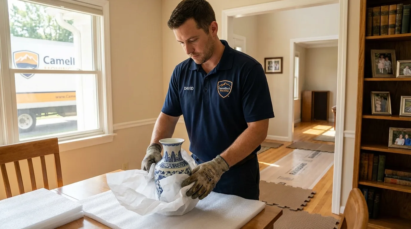 Professional crew carefully wrapping antique vase for senior downsizing move in Brentwood, CA